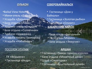 ОЛЬХОН                  СЕВЕРОБАЙКАЛЬСК

•Baikal View Hotel               • Гостиница «Дом у
• Мини-отель «Байкал»            Байкала»
• Усадьба «Дарьяна»              • Гостиница «Золотая рыбка»
• База отдыха «Лада»             • Гостиница «Олимп»
• Кемпинг отель «Ольхон»          КАБАНСКИЙ РАЙОН
• База отдыха «Солнечная»
• Турбаза «Шаманка»               • Парк-отель «Звездный»
• Усадьба Никиты Бенчарова        • ТК «Сагаан Морин»
• Усадьба «Набаймар»              • База отдыха «Энергия»

 ПОСЕЛОК УТУЛИК                             АРШАН
                             • Гостиница «Замок горного короля»
 • ГК«Вершина»               • База отдыха «Монетный двор»
 • Гостиница «Кедр»          • Шале «Синегорье»
                             • Гостиница «Хрустальный ручей»
 