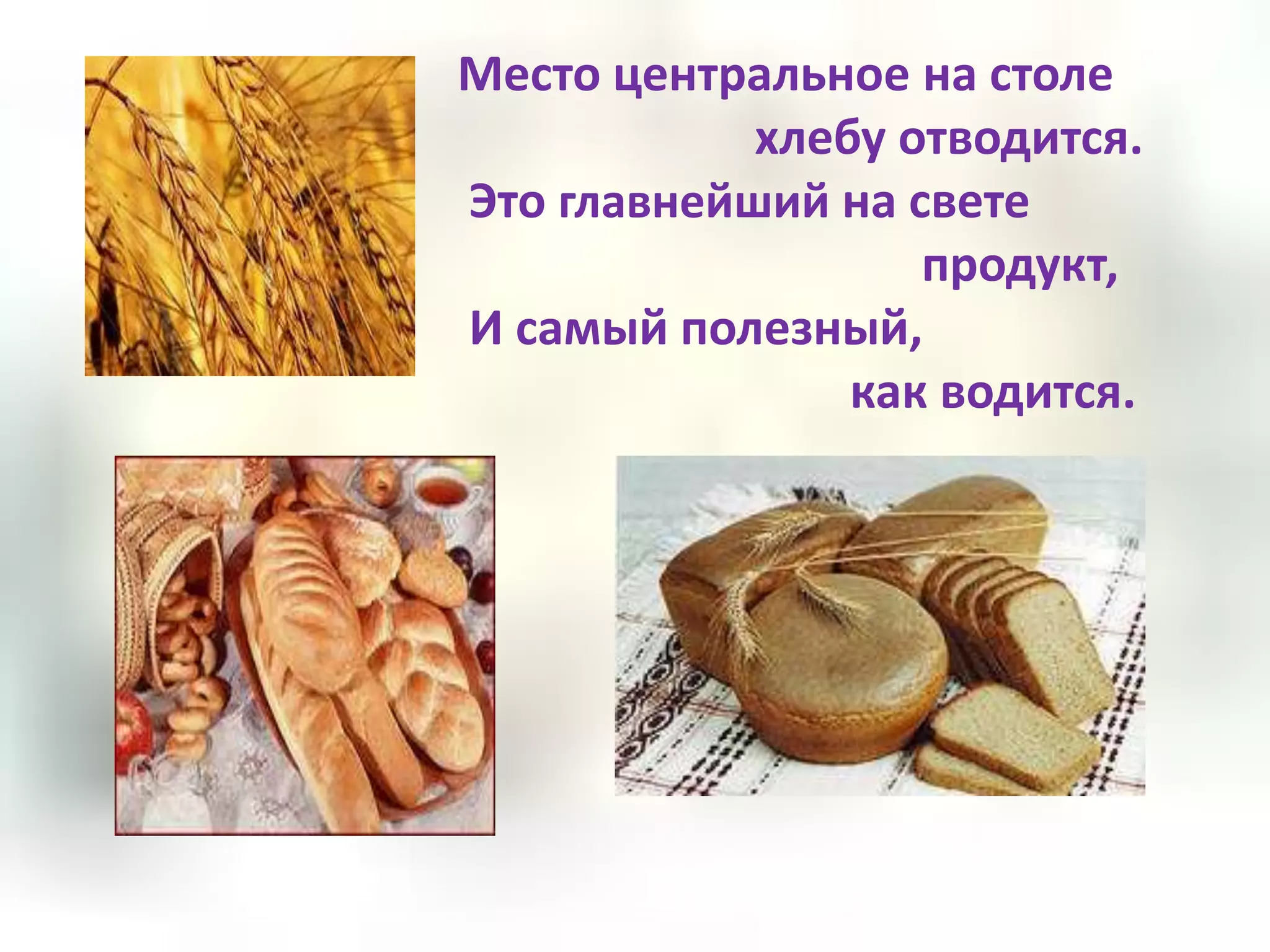 Место центральное на столе
            хлебу отводится.
Это главнейший на свете
                   продукт,
И самый полезный,
                как водится.
 
