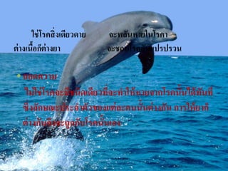 ใช่ โรคสิ่ งเดียวดาย   จะพลันหายในโรคา
ต่ างเนือก็ต่างยา
        ้                     จะชอบโรคอันแปรปรวน

 • ถอดความ
   ไม่ ใช่ โรคจะมีชนิดเดียวทีจะทาให้ หายจากโรคนั้นได้ ทนที
                             ่                         ั
   ซึ่งลักษณะประจาตัวของแต่ ละคนนั้นต่ างกัน การให้ ยาก็
   ต่ างกันจึงจะถูกกับโรคนั้นเอง
 