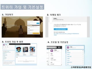 트위터 가입 및 기본설정
1. 가입하기          2. 이메일 체크




3. 트위터 가입 후 화면   4. 프로필 및 기본설정
 