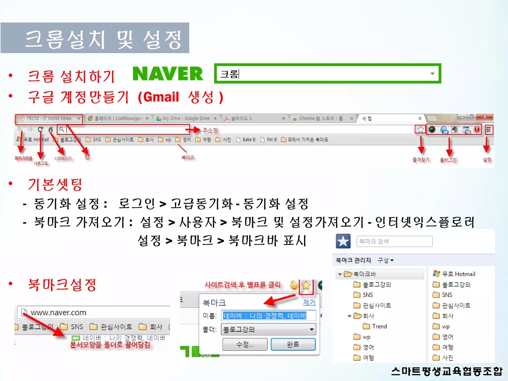 크롬설치 및 설정
• 크롬 설치하기
• 구글 계정만들기 (Gmail 생성 )




• 기본셋팅
 - 동기화 설정 : 로그인 > 고급동기화 - 동기화 설정
 - 북마크 가져오기 : 설정 > 사용자 > 북마크 및 설정가져오기 - 인터넷익스플로러
              설정 > 북마크 > 북마크바 표시


• 북마크설정
 