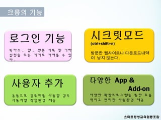 크롬의 기능



로그인 기능                 시크릿모드
                       (ctrl+shift+n)
북마크 , 앱 , 방문 기록 및 기타
설정을 모든 기기로 가져올 수 있     방문한 웹사이트나 다운로드내역
다.                     이 남지 않는다 .




                       다양한 App &
사용자 추가                        Add-on
공동으로 컴퓨터를 사용할 경우       다양한 확장프로그램을 통한 효율
사용자별 작업환경 제공           적이고 편리한 사용환경 제공
 