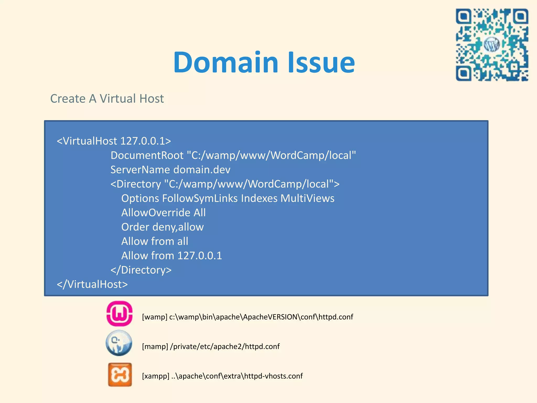 Domain Issue
Create A Virtual Host


 <VirtualHost 127.0.0.1>
            DocumentRoot "C:/wamp/www/WordCamp/local"
            ServerName domain.dev
            <Directory "C:/wamp/www/WordCamp/local">
              Options FollowSymLinks Indexes MultiViews
              AllowOverride All
              Order deny,allow
              Allow from all
              Allow from 127.0.0.1
            </Directory>
 </VirtualHost>

                [wamp] c:wampbinapacheApacheVERSIONconfhttpd.conf


                [mamp] /private/etc/apache2/httpd.conf


                [xampp] ..apacheconfextrahttpd-vhosts.conf
 