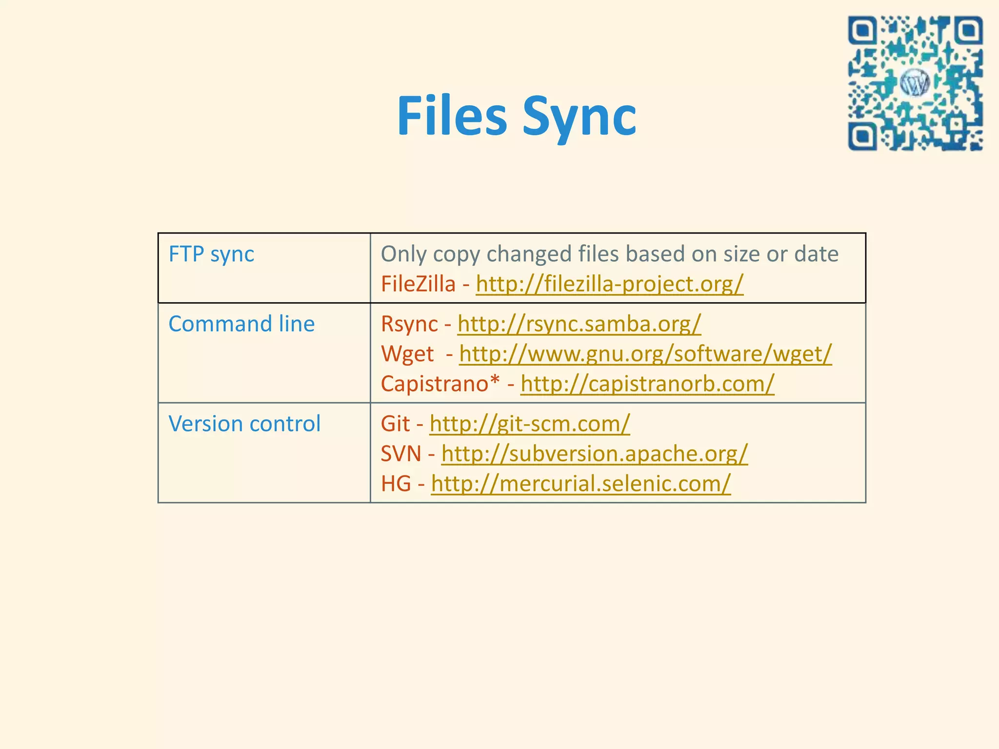 Files Sync

FTP sync          Only copy changed files based on size or date
                  FileZilla - http://filezilla-project.org/
Command line      Rsync - http://rsync.samba.org/
                  Wget - http://www.gnu.org/software/wget/
                  Capistrano* - http://capistranorb.com/
Version control   Git - http://git-scm.com/
                  SVN - http://subversion.apache.org/
                  HG - http://mercurial.selenic.com/
 
