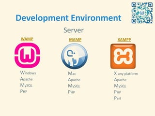 Development Environment
           Server
 WAMP       MAMP       XAMPP




 Windows    Mac      X any platform
 Apache     Apache   Apache
 MySQL      MySQL    MySQL
 PHP        PHP      PHP
                     Perl
 