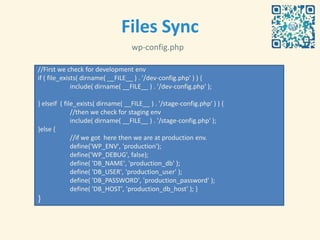 Files Sync
                                   wp-config.php

//First we check for development env
if ( file_exists( dirname( __FILE__ ) . '/dev-config.php' ) ) {
              include( dirname( __FILE__ ) . '/dev-config.php' );

} elseif ( file_exists( dirname( __FILE__ ) . '/stage-config.php' ) ) {
              //then we check for staging env
              include( dirname( __FILE__ ) . '/stage-config.php' );
}else {
              //if we got here then we are at production env.
              define('WP_ENV', 'production');
              define('WP_DEBUG', false);
              define( 'DB_NAME', 'production_db' );
              define( 'DB_USER', 'production_user' );
              define( 'DB_PASSWORD', 'production_password' );
              define( 'DB_HOST', 'production_db_host' ); }
}
…
 