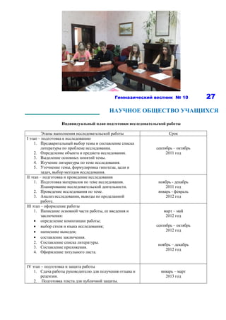 Гимназический вестник № 10          27

                                          НАУЧНОЕ ОБЩЕСТВО УЧАЩИХСЯ

                 Индивидуальный план подготовки исследовательской работы

         Этапы выполнения исследовательской работы                Срок
I этап – подготовка к исследованию
     1. Предварительный выбор темы и составление списка
         литературы по проблеме исследования.               сентябрь – октябрь
     2. Определение объекта и предмета исследования.             2011 год
     3. Выделение основных понятий темы.
     4. Изучение литературы по теме исследования.
     5. Уточнение темы, формулировка гипотезы, цели и
         задач, выбор методов исследования.
II этап – подготовка и проведение исследования
     1. Подготовка материалов по теме исследования.          ноябрь - декабрь
         Планирование исследовательской деятельности.            2011 год
     2. Проведение исследования по теме.                     январь - февраль
     3. Анализ исследования, выводы по проделанной               2012 год
         работе.
III этап – оформление работы
     1. Написание основной части работы, ее введения и          март – май
         заключения:                                             2012 год
     • определение композиции работы;
     • выбор стиля и языка исследования;                    сентябрь – октябрь
     • написание выводов;                                        2012 год
     • составление заключения.
     2. Составление списка литературы.
                                                             ноябрь – декабрь
     3. Составление приложения.
                                                                 2012 год
     4. Оформление титульного листа.


IV этап – подготовка и защита работы
    1. Сдача работы руководителю для получения отзыва и       январь – март
        рецензии.                                               2013 год
    2. Подготовка текста для публичной защиты.
 