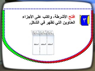 ‫افتح الشرطة ، واكتب على الجزاء‬
    ‫العناوين التي تظهر في الشكل.‬
 