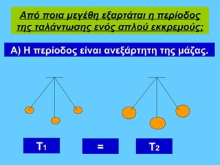 Από ποια μεγέθη εξαρτάται η περίοδος
 της ταλάντωσης ενός απλού εκκρεμούς;

Α) Η περίοδος είναι ανεξάρτητη της μάζας.




     Τ1          =          Τ2
 