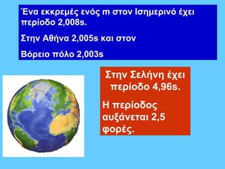 Ένα εκκρεμές ενός m στον Ισημερινό έχει
περίοδο 2,008s.
Στην Αθήνα 2,005s και στον
Βόρειο πόλο 2,003s

                     Στην Σελήνη έχει
                      περίοδο 4,96s.
                  H περίοδος
                  αυξάνεται 2,5
                  φορές.
 