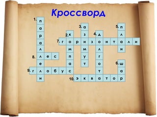 1. п
               Кроссворд
       а                             3. а                      5. п

       р                  2. к         з        4. д             л

       а           7. г     о    р     и    з     о    н   т     а    л   и
       л                    м          м          л              н

  8.   л   е   с            п          у          г
       е                    а          т          о            6. ш
9. г   л   о   б     у      с                     т              а
       и                    10. э      к    в     а    т   о     р
 