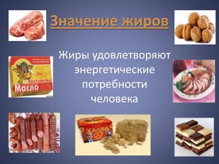 Значение жиров

Жиры удовлетворяют
  энергетические
   потребности
     человека
 