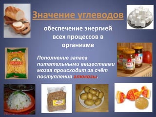 Значение углеводов
  обеспечение энергией
    всех процессов в
       организме
Пополнение запаса
питательными веществами
мозга происходит за счѐт
поступления глюкозы.
 