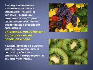 Наряду с основными
компонентами пищи –
углеводами, жирами и
белками – в питании
школьников необходимо
своевременное и полное
восполнение потребности
организма в
витаминах, микроэлемент
ах, биологических
волокнах и воде.

У школьников из-за высокой
умственной активности и
роста потребности в
витаминах и микроэлементах
заметно увеличены.
 