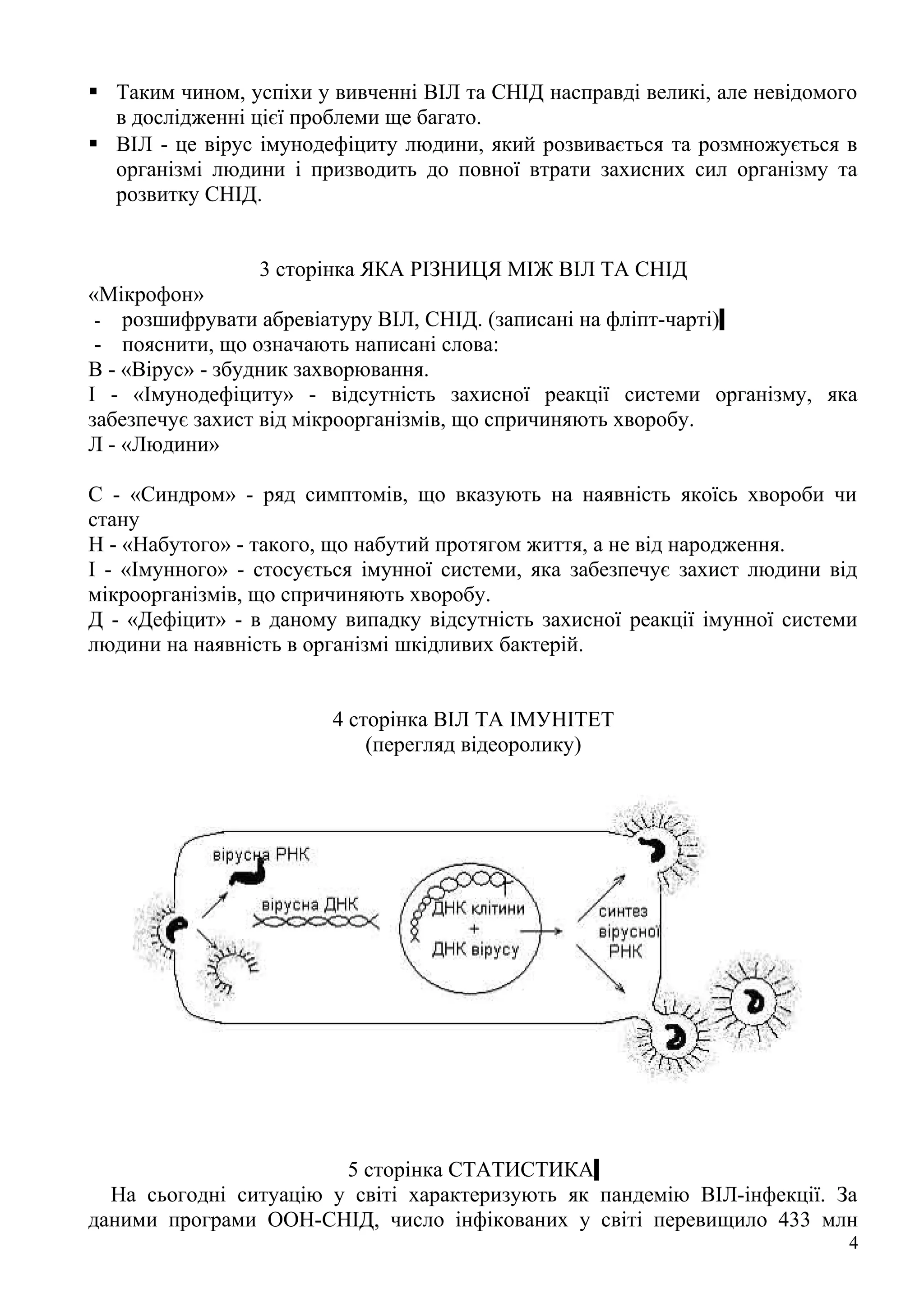  Таким чином, успіхи у вивченні ВІЛ та СНІД насправді великі, але невідомого
  в дослідженні цієї проблеми ще багато.
 ВІЛ - це вірус імунодефіциту людини, який розвивається та розмножується в
  організмі людини і призводить до повної втрати захисних сил організму та
  розвитку СНІД.


                 3 сторінка ЯКА РІЗНИЦЯ МІЖ ВІЛ ТА СНІД
«Мікрофон»
 - розшифрувати абревіатуру ВІЛ, СНІД. (записані на фліпт-чарті)
 - пояснити, що означають написані слова:
В - «Вірус» - збудник захворювання.
І - «Імунодефіциту» - відсутність захисної реакції системи організму, яка
забезпечує захист від мікроорганізмів, що спричиняють хворобу.
Л - «Людини»

С - «Синдром» - ряд симптомів, що вказують на наявність якоїсь хвороби чи
стану
Н - «Набутого» - такого, що набутий протягом життя, а не від народження.
І - «Імунного» - стосується імунної системи, яка забезпечує захист людини від
мікроорганізмів, що спричиняють хворобу.
Д - «Дефіцит» - в даному випадку відсутність захисної реакції імунної системи
людини на наявність в організмі шкідливих бактерій.


                        4 сторінка ВІЛ ТА ІМУНІТЕТ
                            (перегляд відеоролику)




                        5 сторінка СТАТИСТИКА
  На сьогодні ситуацію у світі характеризують як пандемію ВІЛ-інфекції. За
даними програми ООН-СНІД, число інфікованих у світі перевищило 433 млн
                                                                            4
 