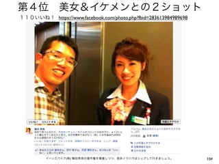 第４位 美女＆イケメンとの２ショット
１１０いいね！ https://www.facebook.com/photo.php?fbid=283613984989698




         イーンスパイア(株) 横田秀珠の著作権を尊重しつつ、是非ノウハウはシェアして行きましょう。            104
 