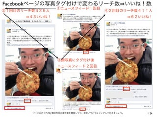Facebookページの写真タグ付けで変わるリーチ数 いいね！数
                   ①ニュースフィード１回目
②１回目のリーチ数３２５人                              ④２回目のリーチ数４１１人
       ４３いいね！                                           ６２いいね！




                    ③顔写真にタグ付け後
                    ニュースフィード２回目




        イーンスパイア(株) 横田秀珠の著作権を尊重しつつ、是非ノウハウはシェアして行きましょう。       124
 