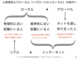 人間関係もグローカル（＝グローバル＋ローカル）の時代へ

           ローカル                    +          グローバル



物理的に近い              精神的に近い                    ネットを通し
距離にいる人              距離にいる人                    知り合った人
 リアルから始まった             Facebookを通し交流し          TwitterなどのSNSで
 繋がりは最も大切に           マインドシェアを                   新たな出会いを




   リアル             +            インターネット
       イーンスパイア(株) 横田秀珠の著作権を尊重しつつ、是非ノウハウはシェアして行きましょう。            24
 