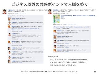 ビジネス以外の共感ポイントで人脈を築く




                       中嶋茂夫さん
                        SEO、ポッドキャスト、GoogleApps×iPhone×iPad、
                        アメブロ、鉄ビズなど幅広い著書１０冊近くの
                        出版をされているコンサルタント


  イーンスパイア(株) 横田秀珠の著作権を尊重しつつ、是非ノウハウはシェアして行きましょう。               86
 