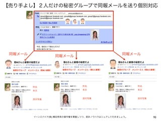【売り手よし】２人だけの秘密グループで同報メールを送り個別対応
                            キャバクラ嬢（綾香）のメールアドレス  yokota.ayaka@gmail.com                




 同報メール                                                                                        同報メール
                                           同報メール
  客Bさんと綾香の秘密だよ                                  客Cさんと綾香の秘密だよ                               客Dさんと綾香の秘密だよ
              groupB@groups.facebook.com                     groupC@groups.facebook.com                groupD@groups.facebook.com
         2人                                            2人                                         2人

  秘密のグループ メンバー２人（客Bと綾香）                        秘密のグループ メンバー２人（客Cと綾香）                       秘密のグループ メンバー２人（客Dと綾香）




 横田 綾香                                        横田 綾香                                       横田 綾香

                     件名                                          件名                                         件名

                     本文                                          本文                                         本文



                     添付写真                                        添付写真                                       添付写真




                      イーンスパイア(株) 横田秀珠の著作権を尊重しつつ、是非ノウハウはシェアして行きましょう。                                                         93
 