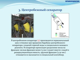 УКРХИМСПЕЦМОНТАЖ




       3. Центробежный сепаратор




В центробежном сепараторе (3) производится первоначальный
    цикл отмывки при вращении барабана центробежного
 сепаратора с подачей горячей воды и специального моющего
    реагента. В сепараторе происходит разделение песка на
фракции: мелкая фракция менее (3 мм.) уходит вместе с водой в
   рециркуляционную емкость, крупная фракция (3-50 мм.)
     отмывается и высыпается в специальный контейнер.
 