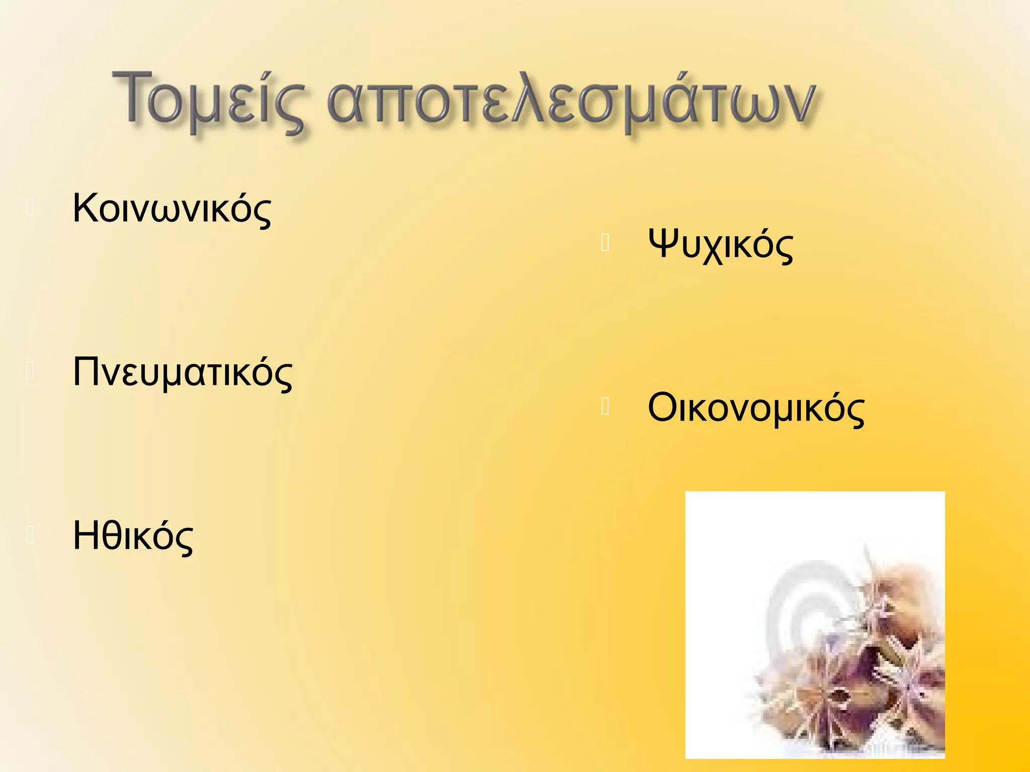    Κοινωνικός
                     Ψυχικός


   Πνευματικός
                     Οικονομικός


   Ηθικός
 