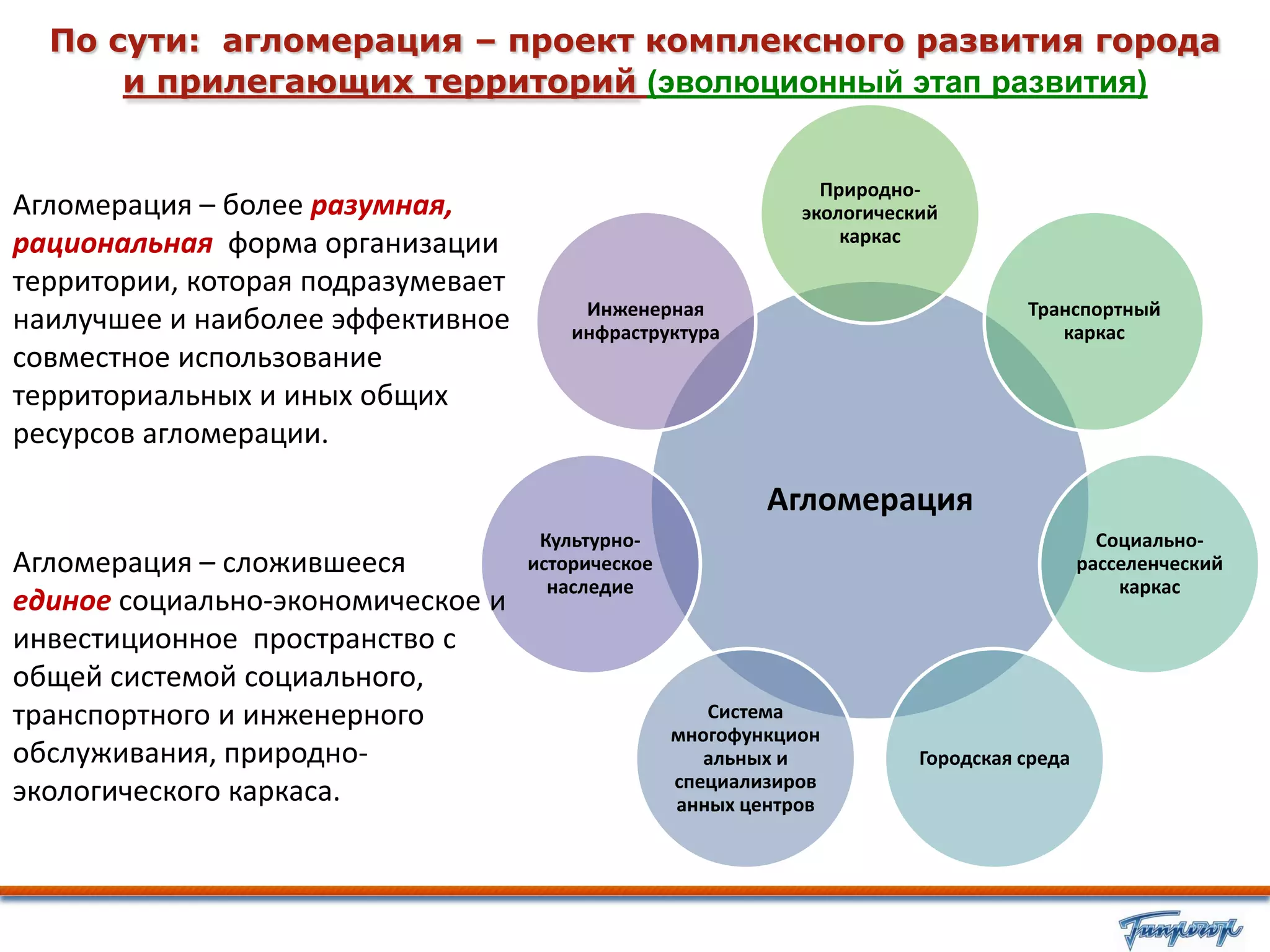 По сути: агломерация – проект комплексного развития города
      и прилегающих территорий (эволюционный этап развития)


                                                                Природно-
Агломерация – более разумная,                                 экологический
рациональная форма организации                                    каркас

территории, которая подразумевает
                                         Инженерная                                Транспортный
наилучшее и наиболее эффективное        инфраструктура                                каркас
совместное использование
территориальных и иных общих
ресурсов агломерации.

                                                           Агломерация
                                     Культурно-                                              Социально-
Агломерация – сложившееся           историческое                                           расселенческий
                                      наследие                                                 каркас
единое социально-экономическое и
инвестиционное пространство с
общей системой социального,
транспортного и инженерного                           Система
                                                   многофункцион
обслуживания, природно-                               альных и           Городская среда
                                                   специализиров
экологического каркаса.                            анных центров
 