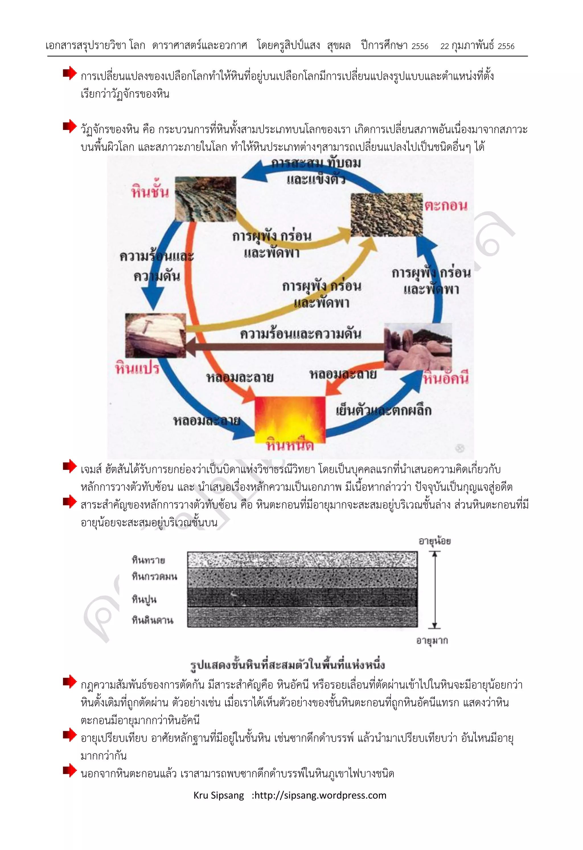 เอกสารสรุปรายวิชา โลก ดาราศาสตร์และอวกาศ โดยครูสิปป์แสง สุขผล ปีการศึกษา 2556               22 กุมภาพันธ์ 2556

       การเปลี่ยนแปลงของเปลือกโลกทาให้หินที่อยู่บนเปลือกโลกมีการเปลี่ยนแปลงรูปแบบและตาแหน่งที่ตั้ง
       เรียกว่าวัฏจักรของหิน

       วัฏจักรของหิน คือ กระบวนการที่หินทั้งสามประเภทบนโลกของเรา เกิดการเปลี่ยนสภาพอันเนื่องมาจากสภาวะ
       บนพื้นผิวโลก และสภาวะภายในโลก ทาให้หินประเภทต่างๆสามารถเปลี่ยนแปลงไปเป็นชนิดอื่นๆ ได้




       เจมส์ ฮัตสันได้รับการยกย่องว่าเป็นบิดาแห่งวิชาธรณีวิทยา โดยเป็นบุคคลแรกที่นาเสนอความคิดเกี่ยวกับ
       หลักการวางตัวทับซ้อน และ นาเสนอเรื่องหลักความเป็นเอกภาพ มีเนื้อหากล่าวว่า ปัจจุบันเป็นกุญแจสู่อดีต
       สาระสาคัญของหลักการวางตัวทับซ้อน คือ หินตะกอนที่มีอายุมากจะสะสมอยู่บริเวณชั้นล่าง ส่วนหินตะกอนที่มี
       อายุน้อยจะสะสมอยู่บริเวณชั้นบน




       กฎความสัมพันธ์ของการตัดกัน มีสาระสาคัญคือ หินอัคนี หรือรอยเลื่อนที่ตัดผ่านเข้าไปในหินจะมีอายุน้อยกว่า
       หินดั้งเดิมที่ถูกตัดผ่าน ตัวอย่างเช่น เมื่อเราได้เห็นตัวอย่างของชั้นหินตะกอนที่ถูกหินอัคนีแทรก แสดงว่าหิน
       ตะกอนมีอายุมากกว่าหินอัคนี
       อายุเปรียบเทียบ อาศัยหลักฐานที่มีอยู่ในชั้นหิน เช่นซากดึกดาบรรพ์ แล้วนามาเปรียบเทียบว่า อันไหนมีอายุ
       มากกว่ากัน
       นอกจากหินตะกอนแล้ว เราสามารถพบซากดึกดาบรรพ์ในหินภูเขาไฟบางชนิด
                                 Kru Sipsang :http://sipsang.wordpress.com
 