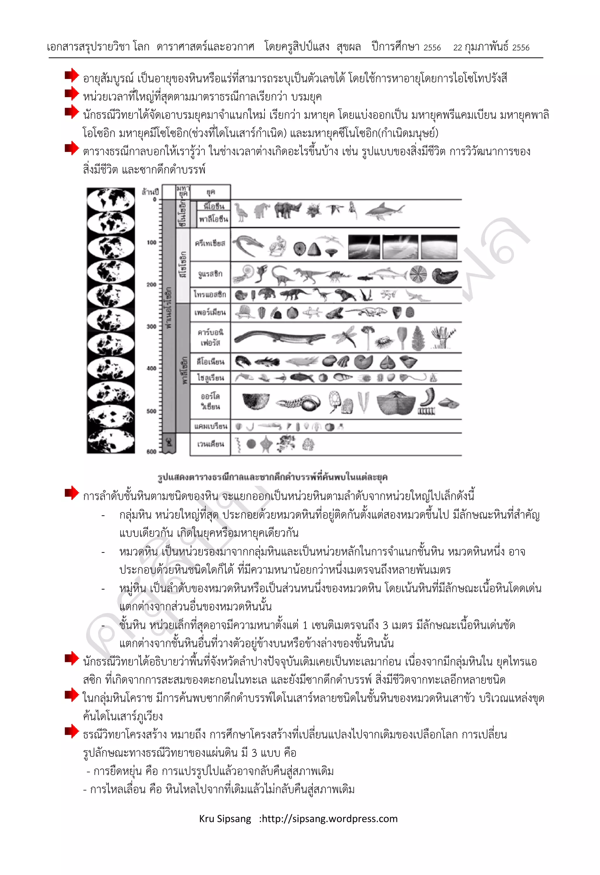 เอกสารสรุปรายวิชา โลก ดาราศาสตร์และอวกาศ โดยครูสิปป์แสง สุขผล ปีการศึกษา 2556            22 กุมภาพันธ์ 2556

       อายุสัมบูรณ์ เป็นอายุของหินหรือแร่ที่สามารถระบุเป็นตัวเลขได้ โดยใช้การหาอายุโดยการไอโซโทปรังสี
       หน่วยเวลาที่ใหญ่ที่สุดตามมาตราธรณีกาลเรียกว่า บรมยุค
       นักธรณีวิทยาได้จัดเอาบรมยุคมาจาแนกใหม่ เรียกว่า มหายุค โดยแบ่งออกเป็น มหายุคพรีแคมเบียน มหายุคพาลิ
       โอโซอิก มหายุคมีโซโซอิก(ช่วงที่ไดโนเสาร์กาเนิด) และมหายุคซีโนโซอิก(กาเนิดมนุษย์)
       ตารางธรณีกาลบอกให้เรารู้ว่า ในช่างเวลาต่างเกิดอะไรขึ้นบ้าง เช่น รูปแบบของสิ่งมีชีวิต การวิวัฒนาการของ
       สิ่งมีชีวิต และซากดึกดาบรรพ์




       การลาดับชั้นหินตามชนิดของหิน จะแยกออกเป็นหน่วยหินตามลาดับจากหน่วยใหญ่ไปเล็กดังนี้
           - กลุ่มหิน หน่วยใหญ่ที่สุด ประกอยด้วยหมวดหินที่อยู่ติดกันตั้งแต่สองหมวดขึ้นไป มีลักษณะหินที่สาคัญ
                 แบบเดียวกัน เกิดในยุคหรือมหายุคเดียวกัน
           - หมวดหิน เป็นหน่วยรองมาจากกลุ่มหินและเป็นหน่วยหลักในการจาแนกชั้นหิน หมวดหินหนึ่ง อาจ
                 ประกอบด้วยหินชนิดใดก็ได้ ที่มีความหนาน้อยกว่าหนึ่งเมตรจนถึงหลายพันเมตร
           - หมู่หิน เป็นลาดับของหมวดหินหรือเป็นส่วนหนนึ่งของหมวดหิน โดยเน้นหินที่มีลักษณะเนื้อหินโดดเด่น
                 แตกต่างจากส่วนอื่นของหมวดหินนั้น
           - ชั้นหิน หน่วยเล็กที่สุดอาจมีความหนาตั้งแต่ 1 เซนติเมตรจนถึง 3 เมตร มีลักษณะเนื้อหินเด่นชัด
                 แตกต่างจากชั้นหินอื่นที่วางตัวอยู่ข้างบนหรือข้างล่างของชั้นหินนั้น
       นักธรณีวิทยาได้อธิบายว่าพื้นที่จังหวัดลาปางปัจจุบันเดิมเคยเป็นทะเลมาก่อน เนื่องจากมีกลุ่มหินใน ยุคไทรแอ
       สซิก ที่เกิดจากการสะสมของตะกอนในทะเล และยังมีซากดึกดาบรรพ์ สิ่งมีชีวิตจากทะเลอีกหลายชนิด
       ในกลุ่มหินโคราช มีการค้นพบซากดึกดาบรรพ์ไดโนเสาร์หลายชนิดในชั้นหินของหมวดหินเสาขัว บริเวณแหล่งขุด
       ค้นไดโนเสาร์ภูเวียง
       ธรณีวิทยาโครงสร้าง หมายถึง การศึกษาโครงสร้างที่เปลี่ยนแปลงไปจากเดิมของเปลือกโลก การเปลี่ยน
       รูปลักษณะทางธรณีวิทยาของแผ่นดิน มี 3 แบบ คือ
        - การยืดหยุ่น คือ การแปรรูปไปแล้วอาจกลับคืนสู่สภาพเดิม
       - การไหลเลื่อน คือ หินไหลไปจากที่เดิมแล้วไม่กลับคืนสู่สภาพเดิม
                                Kru Sipsang :http://sipsang.wordpress.com
 