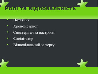 Ролі та відповальність

    Нотатник

    Хронометрист

    Спостерігач за настроєм

    Фасілітатор

    Відповідальний за чергу
 