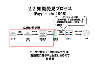 2.2 知識発見プロセス
                 (Fayyad, etc.,1996)
                                         やりたかった分析
                                     (機械学習，自然言語処理，多
                                     変量解析等を用いた回帰，分
                                     類など)
           広義の前処理
                                     パターンの
      選択         前処理          変換      発見            解釈・評価



データ        目的          前処理済        変換済       パターン           知識
           データ          データ        データ




             データ分析の8～9割(more?)は，
             前処理に費やすとも言われるので
                   超重要
 