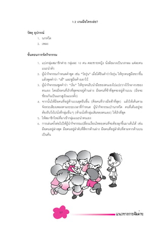 1.2 ‡°¡¡◊Õ„§√‡Õà¬?

«— ¥ÿ Õÿª°√≥å
         1. π°À«’¥
         2. ‡æ≈ß

¢—πµÕπ°“√®—¥°‘®°√√¡
  È
       1. ·∫àß°≈ÿ¡ ¡“™‘°§à“¬ °≈ÿ¡≈– 10 §π §≈–™“¬À≠‘ß π—ß≈âÕ¡«ß‡ªìπ«ß°≈¡ ·µà≈–§π
                  à                    à                            Ë
          ·π–π”µ—«
       2. ºŸâπ”°‘®°√√¡°”Àπ¥§”æŸ¥ ‡™àπ ç«—¬√ÿàπé ‡¡◊ËÕ‰¥â¬‘π§”«à“«—¬√ÿàπ „Àâ∑ÿ°§π™Ÿ¡◊Õ¢«“¢÷Èπ
          ·≈â«æŸ¥§”«à“ ç‡Œâé ·≈–™Ÿ¡Õ§â“ß‡Õ“‰«â
                                             ◊
       3. ºŸπ”°‘®°√√¡æŸ¥§”«à“ ç‡√‘¡é „Àâ∑°§π√’∫π”¡◊Õ¢Õßµπ‡Õß‰ª·ª–«“ß‰«â°≈“ß«ß¢Õß
             â                             Ë          ÿ
          µπ‡Õß ‚¥¬¡◊Õ§π∑’Ë‡√Á«∑’Ë ÿ¥®–Õ¬Ÿà¥â“π≈à“ß ¡◊Õ§π∑’Ë™â“∑’Ë ÿ¥®–Õ¬Ÿà¥â“π∫π (¡◊Õ®–
          ´âÕπ°—π‡ªìπ·∂« Ÿß„π·π«µ—ß)             È
       4. ®“°π—Èπ„Àâ¡◊Õ§π∑’ËÕ¬Ÿà¥â“π∫π ÿ¥¬◊π¢÷Èπ (§◊Õ§π∑’Ë«“ß¡◊Õ™â“∑’Ë ÿ¥) ·≈â«„Àâ‡µâπµ“¡
          ®—ßÀ«–‡ ’¬ß‡æ≈ßµ“¡√–¬–‡«≈“∑’°”Àπ¥ ºŸπ”°‘®°√√¡‡ªÉ“π°À«’¥ §π∑’‡µâπÕ¬Ÿ®–
                                                   Ë        â                         Ë  à
          µâÕß√’∫«‘Ëß‰ªπ—Ëß∑’Ë°≈ÿà¡Õ◊ËπÊ (Àâ“¡π—Ëß∑’Ë°≈ÿà¡‡¥‘¡¢Õßµπ‡Õß) „Àâ‡√Á«∑’Ë ÿ¥
       5. „Àâ ¡“™‘°„À¡à∑¡“‡¢â“°≈ÿ¡·π–π”µπ‡Õß
                            ’Ë           à
       6. °“√‡≈àπ§√—ÈßµàÕ‰ª„ÀâºŸâπ”°‘®°√√¡‡ª≈’Ë¬π‡ß◊ËÕπ‰¢¢Õß§π∑’Ë®–µâÕß≈ÿ°¢÷Èπ¡“‡µâπ‰¥â ‡™àπ
          ¡◊Õ§πÕ¬Ÿ≈“ß ÿ¥ ¡◊Õ§πÕ¬Ÿ≈”¥—∫∑’ ®“°¥â“π≈à“ß ¡◊Õ§π∑’Õ¬Ÿ≈”¥—∫∑’ “¡®“°¥â“π∫π
                     àà                        à     Ë ’Ë             Ë à          Ë
          ‡ªìπµâπ




                        57
 