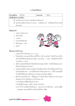 2.3 ‰¢àµ°‰¡à„Àâ·µ°

®”π«πºŸ√«¡ ‰¡à®”°—¥
         âà                            √–¬–‡«≈“ 1 ™—«‚¡ß
                                                       Ë
‡¡◊Õ ‘π ÿ¥°‘®°√√¡π’·≈â«.....
   Ë È               È
       ✓  ¡“™‘°§à“¬ “¡“√∂∑”ß“π‡ªìπ∑’¡Õ¬à“ß¡’ «π√à«¡
                                             à
       ✓  ¡“™‘°§à“¬æ—≤π“∑—°…–°“√«“ß·ºπ °“√§‘¥«‘‡§√“–Àå ·°â‰¢ªí≠À“¥â«¬§«“¡§‘¥
             √â“ß √√§å

«— ¥ÿÕª°√≥å
      ÿ
        1. À≈Õ¥°“·ø¢π“¥¬“«
        2.  °äÕµ‡∑ª„ 
        3. °√–¥“…
        4. °√√‰°√À√◊Õ§—µ‡µÕ√å
        5. ‰¢à‰°à°≈ÿ¡≈– 1 øÕß
                    à
        6. ≈Ÿ°‚ªÉß

¢—πµÕπ°“√∑”°‘®°√√¡
  È
      1. ·∫àß ¡“™‘°§à“¬‡ªìπ°≈ÿ¡Ê ≈– 4-5 §π
                                     à
      2. „Àâ·µà≈–∑’¡«“ß·ºπ·≈–„™âÕÿª°√≥å∑’Ë¡’„π°“√∑”∫√√®ÿ¿—≥±å ‚¥¬¡’‡ªÑ“À¡“¬∑’Ë®–
         ªÑÕß°—π‰¡à„Àâ‰¢à·µ°‡¡◊Õµ°≈ß®“°∑’ ß (Õ¬à“ßπâÕ¬ 2 ‡¡µ√) À√◊Õ‡¡◊Õ¢«â“ß‰ª‰°≈
                                   Ë           Ë Ÿ                      Ë
         (Õ¬à“ßπâÕ¬ 10 ‡¡µ√)
      3. ‡¡◊Õ∑”∫√√®ÿ¿≥±å‡ √Á®·≈â« „Àâ·µà≈–∑’¡π”‡ πÕº≈ß“π —πÊ «à“¡’À≈—°§‘¥·≈–·π«∑“ß
              Ë          —                                       È
         ∑’®–ªÑÕß°—π‰¢à·µ°Õ¬à“ß‰√∫â“ß?
            Ë
      4. ∑¥ Õ∫ª√– ‘∑∏‘¿“æ¢Õß∫√√®ÿ¿≥±å ‚¥¬„Àâµ«·∑π∑’¡«“ß‰¢à∫π™—π Ÿßµ“¡∑’°”Àπ¥
                                             —         —             È       Ë
         ·≈â«ª≈àÕ¬„Àâµ°≈ß¡“ (Õ“®®–„Àâ‚¬π‰¢à®“°™—π∫π¢ÕßÕ“§“√) À√◊Õ°”Àπ¥‡ âπ„Àâ
                                                         È
         ¢«â“ß‰¢à‰ª„Àâ‰¥â√–¬–µ“¡∑’°”Àπ¥ µ√«® Õ∫º≈«à“‰¢à·µ°À√◊Õ‰¡à?
                                         Ë
      5. ºŸâπ”°‘®°√√¡ √ÿª°‘®°√√¡ „™â¢âÕ¡Ÿ≈®“°°“√∫—π∑÷°À√◊Õ®“°∑’Ë —ß‡°µ°“√∑”ß“π¢Õß
         ·µà≈–∑’¡  √â“ß°“√‡√’¬π√Ÿ®“°°“√∑”°‘®°√√¡ ‡™àπ
                                       â
         ë ∂â“®–„Àâº≈ß“π¥’¢π®–µâÕß∑”Õ¬à“ß‰√?
                                ÷È
         ë „§√§◊ÕºŸπ”„π°≈ÿ¡? §πÕ◊πÊ ¡’∫∑∫“∑Õ¬à“ß‰√?
                       â      à            Ë
         ë „π°“√∑”ß“π®–µâÕß§”π÷ß∂÷ßº≈ß“π ·≈–°√–∫«π°“√¡’ «π√à«¡ ·≈–§«“¡√Ÿ °
                                                                   à            â ÷
                ¢Õß∫ÿ§§≈ ·µà≈–°≈ÿà¡„Àâ§«“¡ ”§—≠°—∫ ‘Ëß„¥¡“°∑’Ë ÿ¥



                                                          64
 