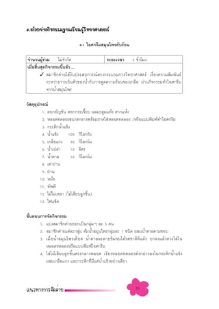 4. µ—«Õ¬ à“ß°‘®°√√¡∞“π‡√’¬π√Ÿ â«‘∑¬“»“ µ√ å

                            4.1 ‰Õ»°√’¡ ¡ÿπ‰æ√¥—∫√âÕπ

®”π«πºŸ√«¡ ‰¡à®”°—¥
         âà                                 √–¬–‡«≈“ 3 ™—«‚¡ß
                                                            Ë
‡¡◊Õ ‘π ÿ¥°‘®°√√¡π’·≈â«.....
   Ë È               È
       ✓  ¡“™‘°§à“¬‰¥â√—∫ª√– ∫°“√≥åµ√ß°√–∫«π°“√«‘∑¬“»“ µ√å ‡√◊ËÕß§«“¡ —¡æ—π∏å
            √–À«à“ß°“√‡¬Áπµ—«¢ÕßπÈ”°—∫°“√¥Ÿ¥§«“¡√âÕπ¢Õß‡°≈◊Õ ºà“π°‘®°√√¡∑”‰Õ»°√’¡
            ®“°πÈ” ¡ÿπ‰æ√

«— ¥ÿÕª°√≥å
      ÿ
         1. ¥Õ°Õ—≠™—π ¥Õ°°√–‡®’¬∫ º≈¡–µŸ¡·Àâß µ“°·Àâß
                                   Í
         2. À≈Õ¥∑¥≈Õß¢π“¥°≈“ßæ√âÕ¡∂“¥„ àÀ≈Õ¥∑¥≈Õß /À√◊Õ·∫∫æ‘¡æå∑”‰Õ»°√’¡
         3. °√–µ‘°πÈ”·¢Áß
         4. πÈ”·¢Áß     100 °‘‚≈°√—¡
         5. ‡°≈◊Õ·°ß 30 °‘‚≈°√—¡
         6. πÈ”‡ª≈à“      10 ≈‘µ√
         7. πÈ”µ“≈        10 °‘‚≈°√—¡
         8. ‡µ“∂à“π
         9. ∂à“π
        10. À¡âÕ
        11. ∑—ææ’
        12. ‰¡â‰ºà‡À≈“ (‰¡â‡ ’¬∫≈Ÿ°™‘π)
                                     È
        13. ‰ø·™Á§

¢—πµÕπ°“√®—¥°‘®°√√¡
  È
      1. ·∫àß ¡“™‘°§à“¬ÕÕ°‡ªìπ°≈ÿ¡Ê ≈– 5 §π
                                        à
      2.  ¡“™‘°§à“¬·µà≈–°≈ÿà¡ µâ¡πÈ” ¡ÿπ‰æ√°≈ÿà¡≈– 1 ™π‘¥ º ¡πÈ”µ“≈µ“¡™Õ∫
      3. ‡¡◊Ë Õ πÈ”  ¡ÿ π ‰æ√‡¥◊ Õ ¥ πÈ”µ“≈≈–≈“¬™‘¡®π‰¥â√ ™“µ‘¥’·≈â« ¬°≈ß·≈â«µ«ß„ à„π
         À≈Õ¥∑¥≈ÕßÀ√◊Õ·∫∫æ‘¡æå‰Õ»°√’¡
      4. „ à‰¡â‡ ’¬∫≈Ÿ°™‘Èπµ√ß°≈“ßÀ≈Õ¥ ‡√’¬ßÀ≈Õ¥∑¥≈Õß¥—ß°≈à“«≈ß„π°√–µ‘°πÈ”·¢Áß
         º ¡‡°≈◊Õ·°ß ·≈–°√–µ‘°∑’¡·µàπÈ”·¢ÁßÕ¬à“ß‡¥’¬«
                                          Ë ’



                                                           80
 