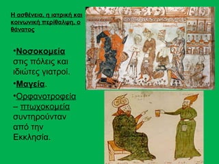 Η ασθένεια, η ιατρική και
κοινωνική περίθαλψη, ο
θάνατος


•Νοσοκομεία
στις πόλεις και
ιδιώτες γιατροί.
•Μαγεία.
•Ορφανοτροφεία
– πτωχοκομεία
συντηρούνταν
από την
Εκκλησία.
 