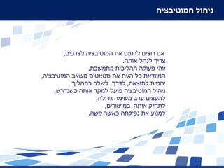 ‫ניהול המוטיבציה‬




        ‫אם רוצים לרתום את המוטיבציה לצרכים,‬
                              ‫צריך לנהל אותה.‬
                 ‫זוהי פעולה תהליכית מתמשכת,‬
‫המוודאת כל העת את סטאטוס משאב המוטיבציה,‬
           ‫יחסית לתוצאה, לדרך, לשלב בתהליך.‬
     ‫ניהול המוטיבציה פועל למקד אותה כשנדרש,‬
                    ‫להעצים ערב משימה גדולה,‬
                       ‫לתחזק אותה במישורים,‬
                 ‫למנוע את נפילתה כאשר קשה.‬
 