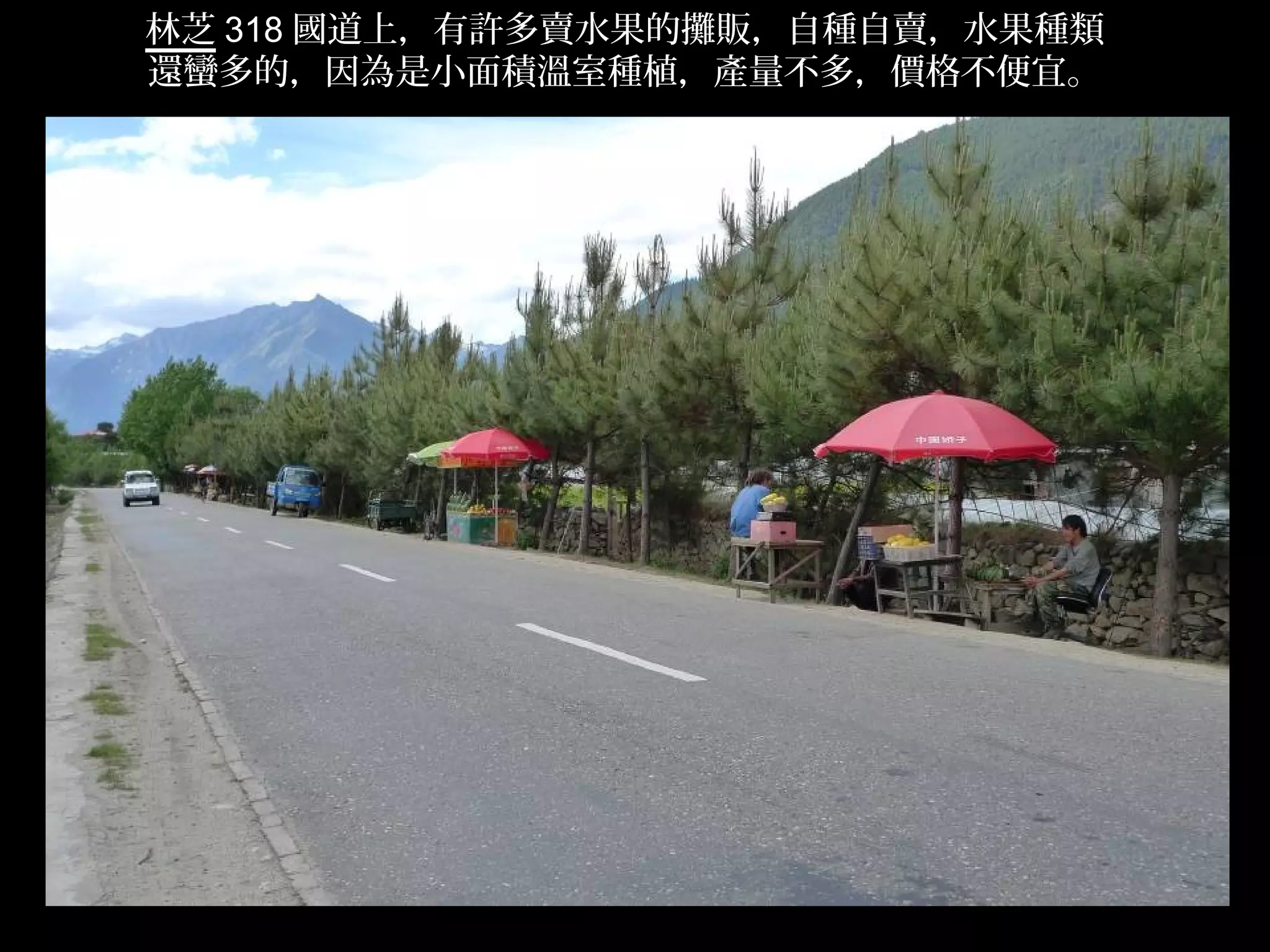 林芝 318 國道上，有許多賣水果的攤販，自種自賣，水果種類
還蠻多的，因為是小面積溫室種植，產量不多，價格不便宜。




                                 .
 