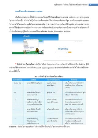 ครูปิยะดนัย วิเคียน : โรงเรียนเสริมงามวิทยาคม   4


       เมตาเสิร์ชเอนจิน (metasearch engine)

       เป็นโปรแกรมค้นหาที่ไม่มีการรวบรวมเว็บเพจไว้เป็นฐานข้อมูลของตนเอง แต่ค้นหาจากฐานข้อมูลของ
โปรแกรมค้นหาอื่น ซึ่งช่วยให้ผู้ใช้สามารถเลือกผลลัพธ์ที่ตรงกับความต้องการที่สุด จากโปรแกรมค้นหาหลาย
โปรแกรมได้ในเวลาอันรวดเร็ว โดยอาจแสดงผลลัพธ์รวมจากทุกโปรแกรมค้นหาไว้ในชุดเดียวกัน และตัดรายการ
ผลลัพธ์ที่ซ้าซ้อนกันออกไป หรืออาจแสดงผลลัพธ์ของแต่ละโปรแกรมค้นหาแยกเป็นคนละชุด ซึ่งอาจมีรายการที่
ซ้าซ้อนกันปรากฏอยู่ตัวอย่างของเมตาเสิร์ชเอนจิน เช่น Dogpile, Mamma และ Vivisimo




         ตัวดาเนินการในการค้นหา เพื่อให้การค้นหาข้อมูลด้วยโปรแกรมค้นหาเป็นไปอย่างมีประสิทธิภาพ ผู้ใช้
สามารถใช้ตัวดาเนินการในการค้นหา (search engine operators) ประกอบกับคาหลัก จะช่วยให้ได้ผลลัพธ์ในการ
ค้นหาที่ดียิ่งขึ้น

                                ตาราง ตัวอย่างตัวดาเนินการในการค้นหา




หมายเหตุ : ตัวดาเนินการบางตัวอาจได้ผลลัพธ์ที่เหมือนกันในโปรแกรมค้นหาที่ต่างกัน
 