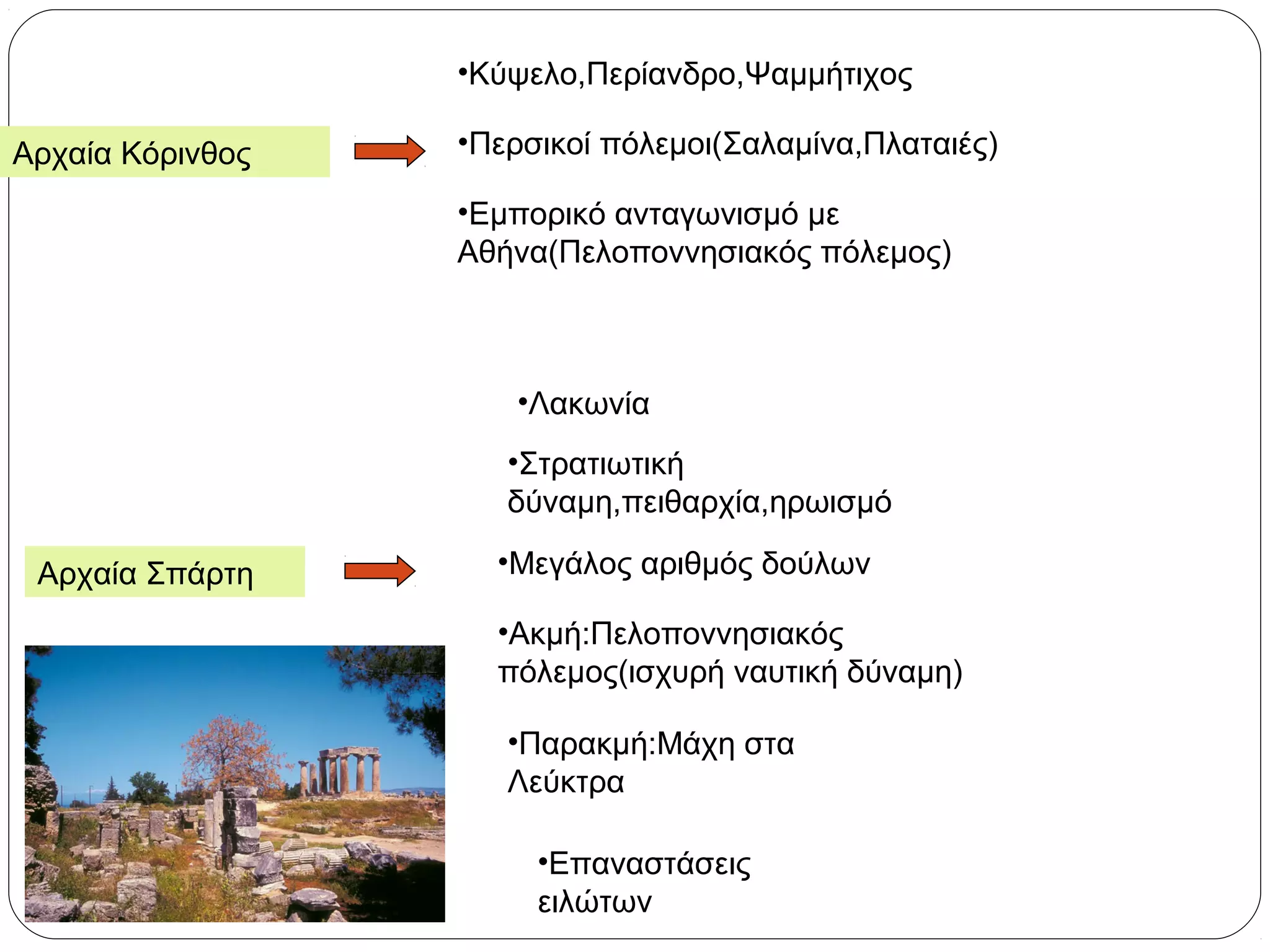 •Κύψελο,Περίανδρο,Ψαμμήτιχος

Αρχαία Κόρινθος   •Περσικοί πόλεμοι(Σαλαμίνα,Πλαταιές)

                  •Εμπορικό ανταγωνισμό με
                  Αθήνα(Πελοποννησιακός πόλεμος)



                     •Λακωνία
                     •Στρατιωτική
                     δύναμη,πειθαρχία,ηρωισμό

 Αρχαία Σπάρτη      •Μεγάλος αριθμός δούλων

                    •Ακμή:Πελοποννησιακός
                    πόλεμος(ισχυρή ναυτική δύναμη)

                     •Παρακμή:Μάχη στα
                     Λεύκτρα

                       •Επαναστάσεις
                       ειλώτων
 