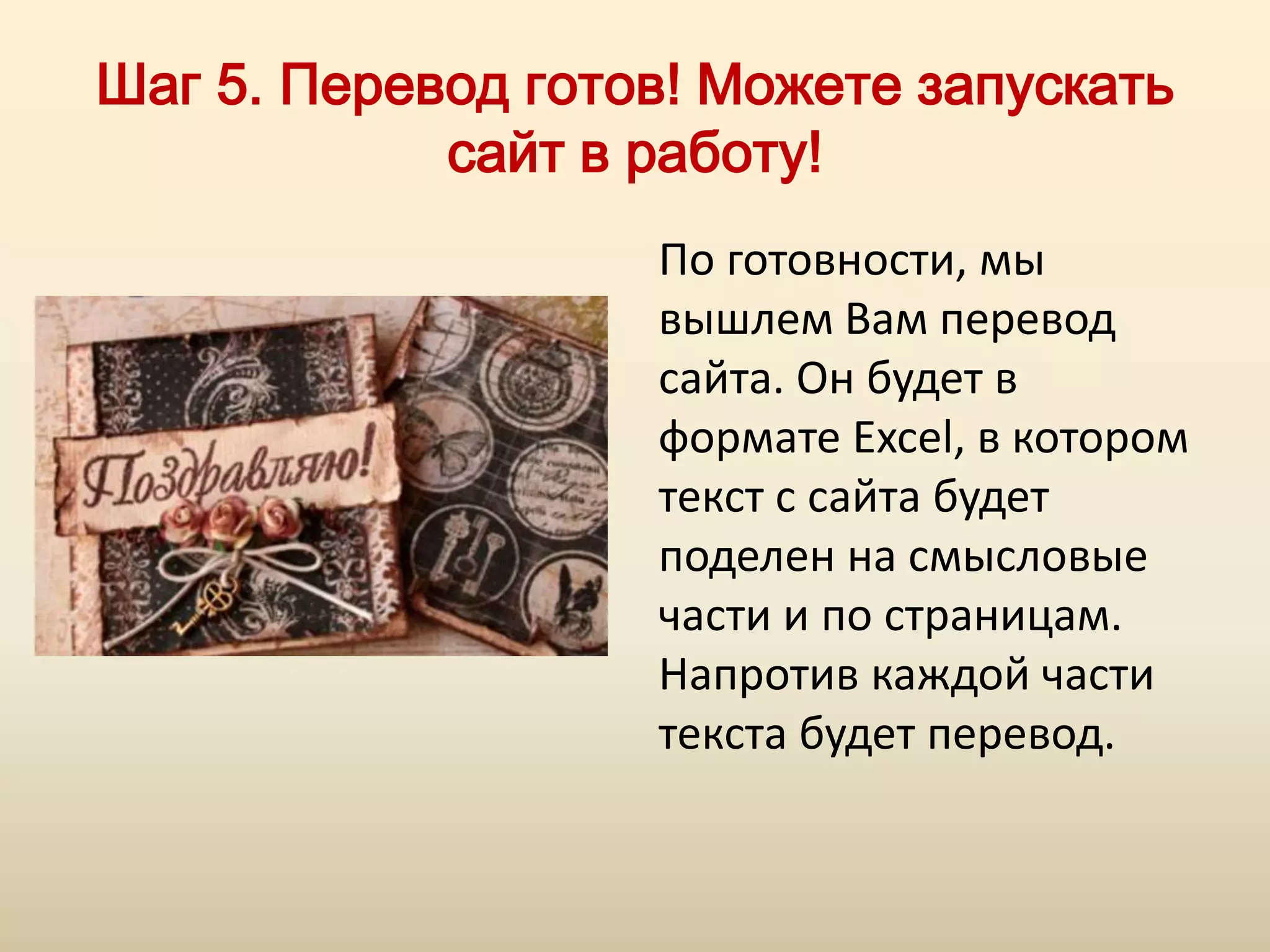 Шаг 5. Перевод готов! Можете запускать
            сайт в работу!
                   По готовности, мы
                   вышлем Вам перевод
                   сайта. Он будет в
                   формате Excel, в котором
                   текст с сайта будет
                   поделен на смысловые
                   части и по страницам.
                   Напротив каждой части
                   текста будет перевод.
 