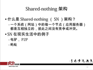 Shared-nothing ܹ

? ʲô Shared-nothing  SN ܹ
 Cһϵͳվеÿһڵ㣨Ӧ÷
  ǻģ˴֮ûоͻ
? SN ʵе
 C¿ P2P
 C




                                 14
 