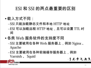 ESI  SSI Ҫ

? 뷽ʽͬ
 CSSI ֻܼؾ̬ļͱ HTTP ַ
 CESI ԼԶ HTTP ַҿ TTL ʱ
  
?  Web ֶ֧Ȳͬ
 CSSI Ҫڸ Web ϣ Nginx 
  Apache
 CESI Ҫڸǰ˻ϣ
  Varnish  Squid

                                   39
 