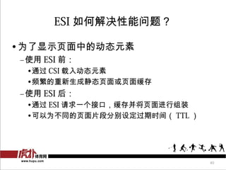 ESI ν⣿

? ΪʾҳеĶ̬Ԫ
Cʹ ESI ǰ
 ?ͨ CSI 붯̬Ԫ
 ?Ƶɾ̬ҳҳ滺
Cʹ ESI 
 ?ͨ ESI һӿڣ沢ҳװ
 ?ΪͬҳƬηֱ趨ʱ䣨 TTL 




                              40
 
