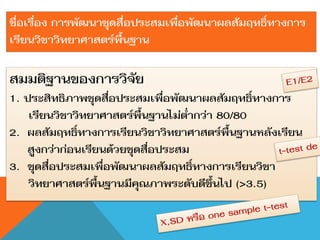 ชื่อเรื่อง การพัฒนาชุดสื่อประสมเพื่อพัฒนาผลสัมฤทธิ์ทางการ
เรียนวิชาวิทยาศาสตร์พื้นฐาน

สมมติฐานของการวิจัย
1. ประสิทธิภาพชุดสื่อประสมเพื่อพัฒนาผลสัมฤทธิ์ทางการ
    เรียนวิชาวิทยาศาสตร์พื้นฐานไม่ต่ากว่า 80/80
2. ผลสัมฤทธิ์ทางการเรียนวิชาวิทยาศาสตร์พื้นฐานหลังเรียน
   สูงกว่าก่อนเรียนด้วยชุดสื่อประสม
3. ชุดสื่อประสมเพื่อพัฒนาผลสัมฤทธิ์ทางการเรียนวิชา
    วิทยาศาสตร์พื้นฐานมีคุณภาพระดับดีขึ้นไป (>3.5)
 
