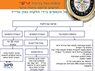 ‫קופות גמל בניהול אישי‬
             ‫תרשים זרימה ניהול אישי‬
         ‫של הכספים בידי הלקוח גאון טרייד‬


                                  ‫פגישה עם הלקוח‬
                                                                                       ‫•‬


  ‫העברת הכספים:‬        ‫העברת הטפסים :‬               ‫החתמת הלקוח על:‬


     ‫לאחר 02 ימי‬
                       ‫צוות פרוייקטים‬
        ‫עסקים‬                                    ‫• הסכם הצטרפות לקופת גמל בניהול אישי‬
                                                                       ‫החתום ע"י העמית.‬
                                            ‫• טופס בקשה להעברת כספים לקופת גמל / קרן‬
  ‫עדכון הלקוח בדבר‬       ‫איילת פאלוך‬           ‫השתלמות בניהול אישי החתום ע"י העמית .‬
                                                                             ‫• צילום ת"ז .‬
‫כניסת הכספים לחשבון‬
                                                                 ‫• נספח להסכם הצטרפות .‬
  ‫והצורך לנהל אותם‬
                       ‫לאחר סיום הטיפול‬                                    ‫• מסמך הנמקה.‬
                       ‫בטפסים נציג גאון‬                    ‫• החתמה על טופס גאון טרייד .‬
                      ‫טרייד יוצר קשר עם‬           ‫• מסירת תקנות ‪ IRA‬המכילות את מגבלות‬
                      ‫הלקוח נותן לו סיסמא‬                                        ‫ההשקעה‬
                       ‫ומדריך אותו כיצד‬
                         ‫לפעול במערכת‬
 