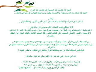 ‫الدليل ألن تطمئن عند المصيبة كما تطمئن عند الفرح,‬
      ‫الدليل ألن تتمكن من النوم بسكينة, واإلبتسامة بيقين, ومن إيقاظ الجوانب الروحية في داخلك ..‬

                                             ‫وهللا ..‬
           ‫ال تثمر شجرة ثمرا حلوا ناضجا يانعا كما تثمر شجرة قارئ القرآن, وحافظ القرآن ..‬

                      ‫أنا ال أستطيع إيجاد الكلمات, أكتب حروفي اآلن وأنا أبكي ..‬
‫أرغب بشدة أن أجد مشاعري, وأتمكن من وصفها, وأخبرك بها, أريد أن يعرف الناس كل الناس الراحة التي‬
 ‫ال توصف, والشعور اإليماني المسيطر على شغاف القلب, وتلك الحماية الكاملة والهالة الجبارة من الحفظ‬
              ‫ّ‬
                                               ‫والصون.‬

    ‫لن أكتب كيف غيرني القرآن, حتما سيفعل ذلك مع كل إنسان, مهما كان إيمانه, ومهما كانت تالوته ..‬
                                                                                      ‫ّ‬
‫بل سأهديك تجربتي المتواضعة التي جاءت كالفرج بعد محاوالت عديدة في مراجعة القرآن استنفدت خاللها كل‬
                                                ‫ما أعرفه ..‬
           ‫لديك شجرة حياتك أمانة من هللا, وسقياها القرآن, فانظر إلى السقاء, ما مقدار كفايته ؟.‬
                                  ‫ّ‬                          ‫ُ‬

                   ‫عن أبى هريرة رضي هللا عنه: عن النبي صلى هللا عليه وسلم قال:‬

             ‫( يجيء صاحب القرآن يوم القيامة, فيقول: يا رب حله, فيلبس تاج الكرامة .‬
                ‫ثم يقول: يا رب زده .. فيلبس حلة الكرامة, ثم يقول: يا رب ارض عنه,‬
          ‫فيقال: اقرأ وارق ويزاد بكل آية حسنة ). "صحيح الجامع"‬
 