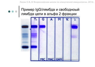 Лапин С.В.,IV Всероссийская школа по клинической иммунологии, 2013г.


 Пример IgG/лямбда и свободноый
 лямбда цепи в альфа 2 фракции
 