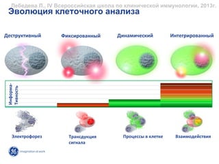 Лебедева Л., IV Всероссийская школа по клинической иммунологии, 2013г.
 Эволюция клеточного анализа

Деструктивный       Фиксированный      Динамический          Интегрированный
 Информа‐
 Тивноcть




   Электрофорез       Трансдукция        Процессы в клетке    Взаимодействия
                      сигнала
 