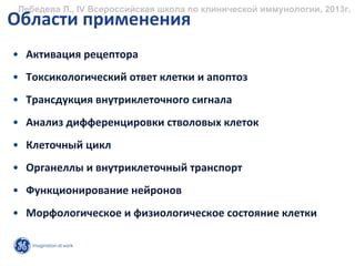 Лебедева Л., IV Всероссийская школа по клинической иммунологии, 2013г.
Области применения
• Активация рецептора
• Токсикологический ответ клетки и апоптоз
• Трансдукция внутриклеточного сигнала
• Анализ дифференцировки стволовых клеток
• Клеточный цикл
• Органеллы и внутриклеточный транспорт
• Функционирование нейронов
• Морфологическое и физиологическое состояние клетки
 