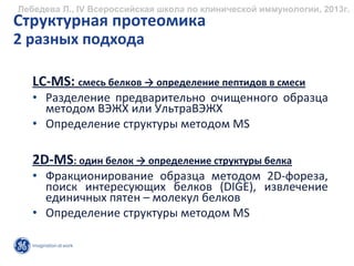 Лебедева Л., IV Всероссийская школа по клинической иммунологии, 2013г.
Структурная протеомика
2 разных подхода

   LC‐MS: смесь белков → определение пептидов в смеси
   • Разделение предварительно очищенного образца
     методом ВЭЖХ или УльтраВЭЖХ
   • Определение структуры методом MS

   2D‐MS: один белок → определение структуры белка
   • Фракционирование образца методом 2D‐фореза, 
     поиск интересующих белков (DIGE),  извлечение
     единичных пятен – молекул белков
   • Определение структуры методом MS
 